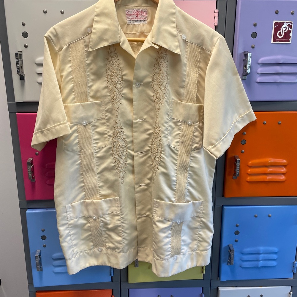 Vintage Guayaberas Tulum Cream Short Sleeve Embroidered Shirt, 40